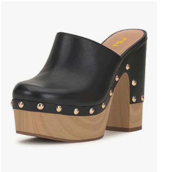 FSJ Black Round Toe Mules High Chunky Heel Sandals Slip On Platform Wooden Shoes - Picture 1 of 8
